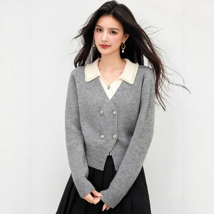 Chic Color-Blocking Knit Cardigan for Women with Turn-Down Collar and Fake Two-Piece Design, Short Sleeveless Sweater Coat