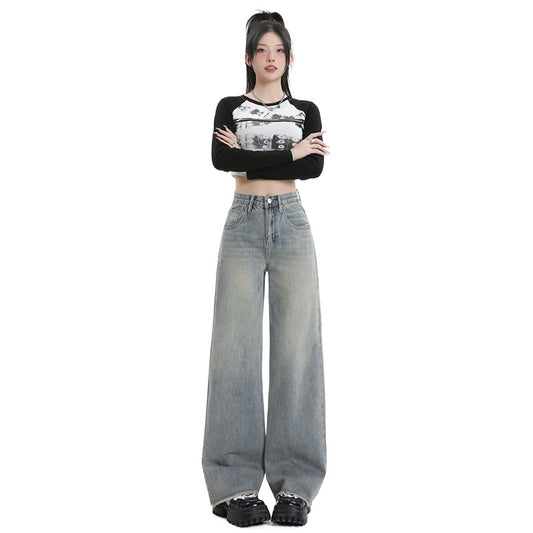Wide Leg Jeans for Women High Waist Loose Slimming Frayed Hem Floor-Length Pants