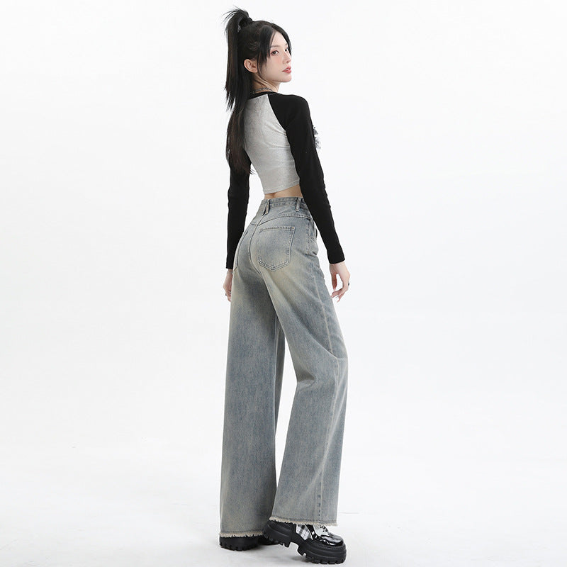 Wide Leg Jeans for Women High Waist Loose Slimming Frayed Hem Floor-Length Pants