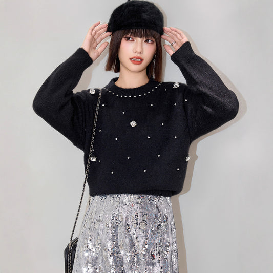 Fashionable Embroidered Beaded Soft Knit Sweater Top with Simple Casual Design, Unique Regular Shoulder Oversized Knit Cardigan