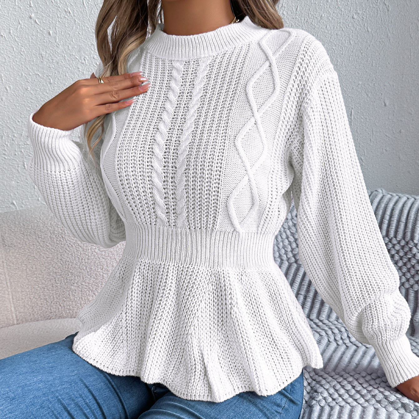 Fried Dough Twists waistband ruffle long sleeve pullover sweater