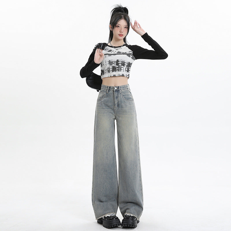 Wide Leg Jeans for Women High Waist Loose Slimming Frayed Hem Floor-Length Pants
