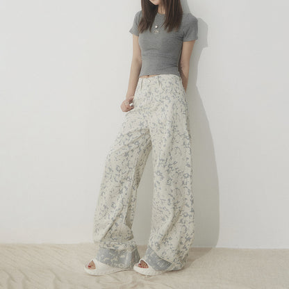 White Tie-Dye Printed Jeans for Women High Waist Loose Wide Leg Pants