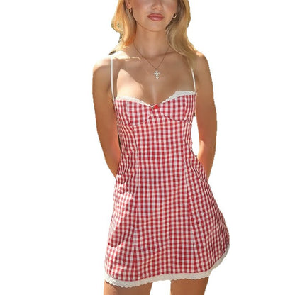 Grid print short skirt sexy slim fit suspender dress