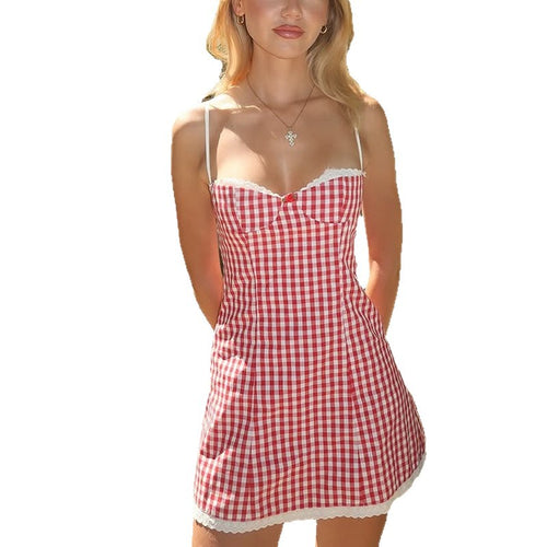 Grid print short skirt sexy slim fit suspender dress