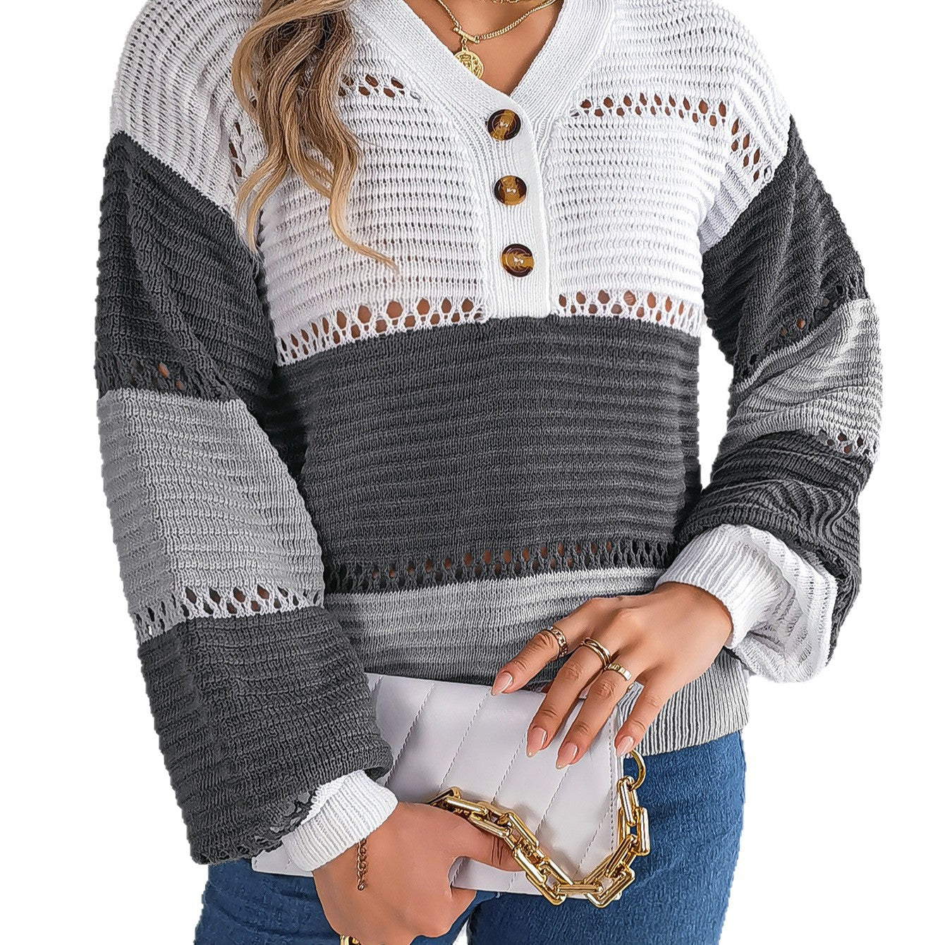V-neck hollowed out color blocked lantern sleeve sweater
