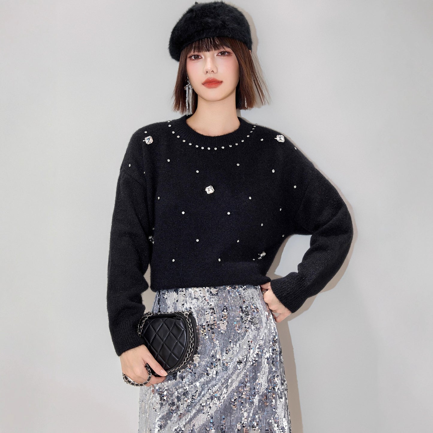 Fashionable Embroidered Beaded Soft Knit Sweater Top with Simple Casual Design, Unique Regular Shoulder Oversized Knit Cardigan