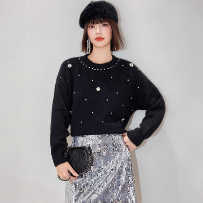 Fashionable Embroidered Beaded Soft Knit Sweater Top with Simple Casual Design, Unique Regular Shoulder Oversized Knit Cardigan
