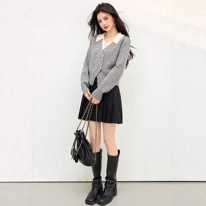 Chic Color-Blocking Knit Cardigan for Women with Turn-Down Collar and Fake Two-Piece Design, Short Sleeveless Sweater Coat