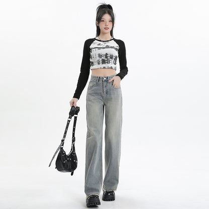 Wide Leg Jeans for Women High Waist Loose Slimming Frayed Hem Floor-Length Pants