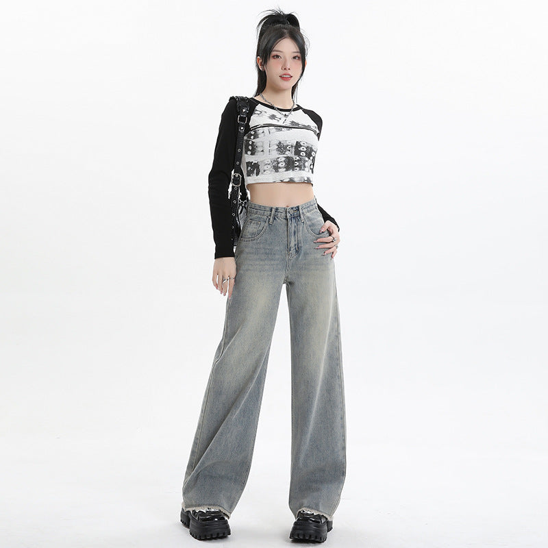 Wide Leg Jeans for Women High Waist Loose Slimming Frayed Hem Floor-Length Pants