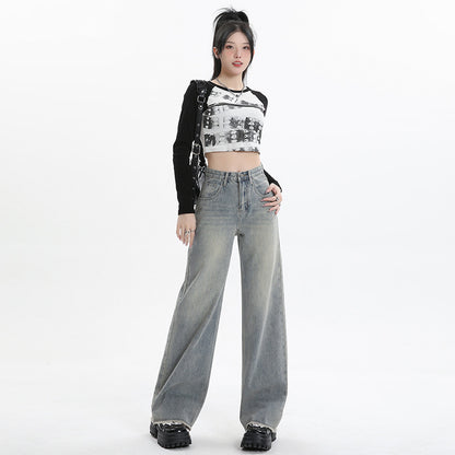 Wide Leg Jeans for Women High Waist Loose Slimming Frayed Hem Floor-Length Pants