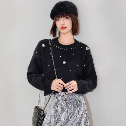 Fashionable Embroidered Beaded Soft Knit Sweater Top with Simple Casual Design, Unique Regular Shoulder Oversized Knit Cardigan