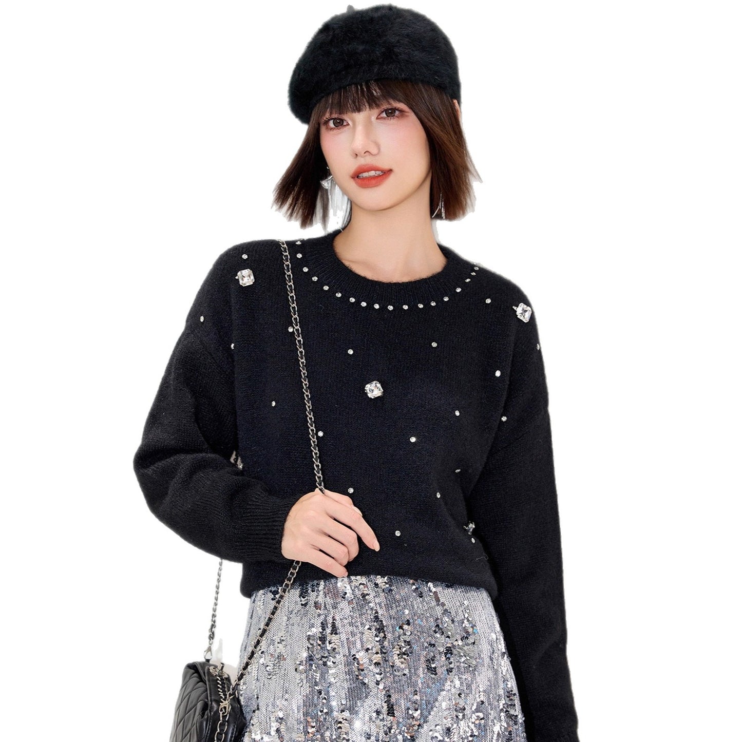 Fashionable Embroidered Beaded Soft Knit Sweater Top with Simple Casual Design, Unique Regular Shoulder Oversized Knit Cardigan