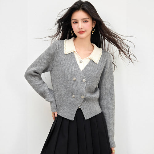 Chic Color-Blocking Knit Cardigan for Women with Turn-Down Collar and Fake Two-Piece Design, Short Sleeveless Sweater Coat