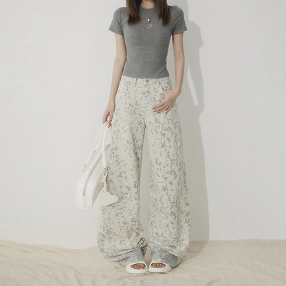 White Tie-Dye Printed Jeans for Women High Waist Loose Wide Leg Pants