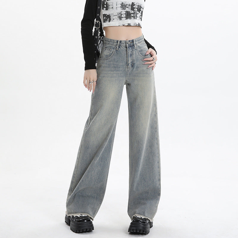 Wide Leg Jeans for Women High Waist Loose Slimming Frayed Hem Floor-Length Pants