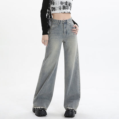 Wide Leg Jeans for Women High Waist Loose Slimming Frayed Hem Floor-Length Pants